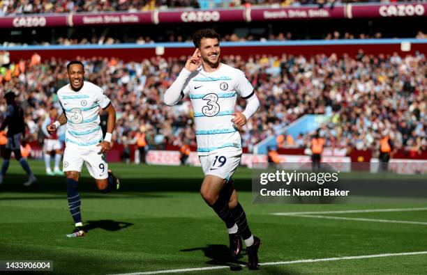 Mason Mount of Chelsea celebrates after scoring his teams first goal during the Premier League match between Aston Villa and Chelsea FC at Villa Park...