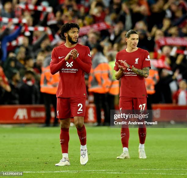 Joe Gomez of Liverpool showing his appreciation to the fans at the end of the Premier League match between Liverpool FC and Manchester City at...