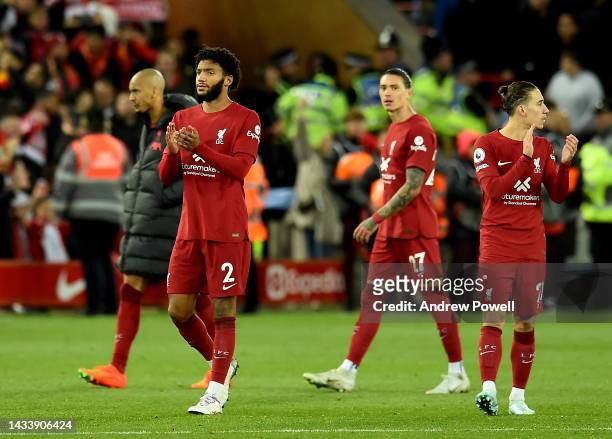 Joe Gomez of Liverpool showing his appreciation to the fans at the end of the Premier League match between Liverpool FC and Manchester City at...
