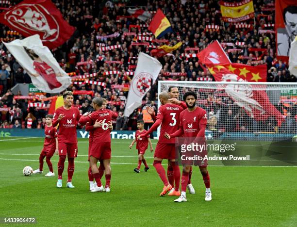 Joe Gomez of Liverpool at the start of the Premier League match between Liverpool FC and Manchester City at Anfield on October 16, 2022 in Liverpool,...