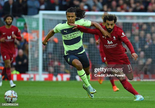 Mohamed Salah of Liverpool in action during the Premier League match between Liverpool FC and Manchester City at Anfield on October 16, 2022 in...