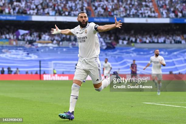 Karim Benzema of Real Madrid CF celebrates after scoring his team's first goal during the LaLiga Santander match between Real Madrid CF and FC...