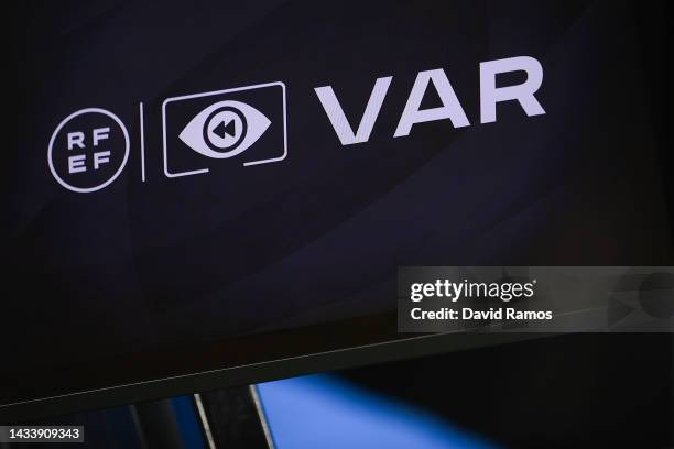 Logo of the RFEF, Real Federacion Española de Futbol and VAR technology show on display in the VAR TV monitor during the LaLiga Santander match...