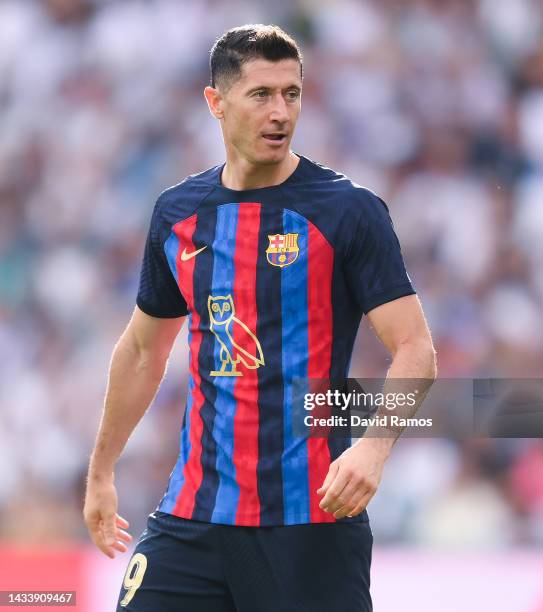 Robert Lewandowski of FC Barcelona looks on wearing the modified OVO owl logo on the front of the FC Barcelona shirt, which celebrates Canadian...