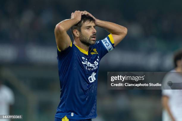 Miguel Veloso of Hellas Verona FC looks dejected during the Serie A match between Hellas Verona and AC MIlan at Stadio Marcantonio Bentegodi on...