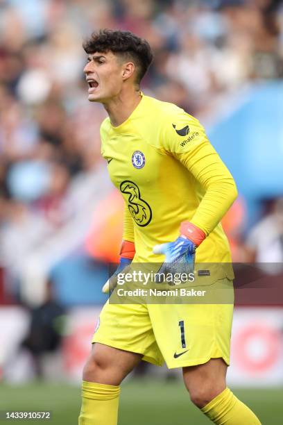 Kepa Arrizabalaga of Chelsea in action during the Premier League match between Aston Villa and Chelsea FC at Villa Park on October 16, 2022 in...