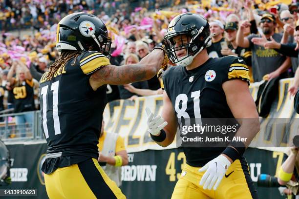 Chase Claypool of the Pittsburgh Steelers celebrates his touchdown with Zach Gentry during the fourth quarter against the Tampa Bay Buccaneers at...