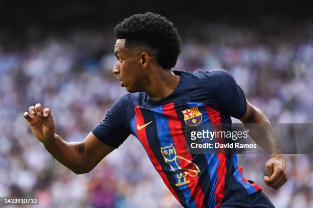 Balde of FC Barcelona looks on wearing the modified OVO owl logo on the front of the FC Barcelona shirt, which celebrates Canadian musician Drake...