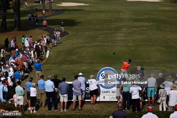 Yang of South Korea plays his shot from the 10th tee box during the final round of the SAS Championship at Prestonwood Country Club on October 16,...