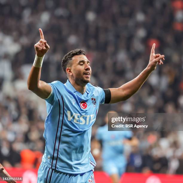 Mahmoud Trezeguet of Trabzonspor celebrates his goal during the Turkish Super Lig match between Besiktas and Trapzonspor at Stadion Vodafone Park on...