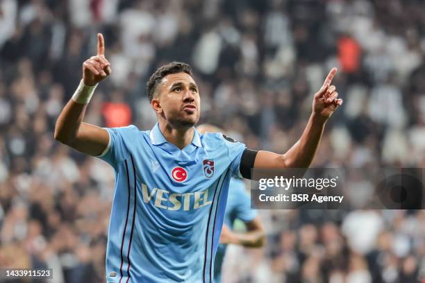 Mahmoud Trezeguet of Trabzonspor celebrates his goal during the Turkish Super Lig match between Besiktas and Trapzonspor at Stadion Vodafone Park on...