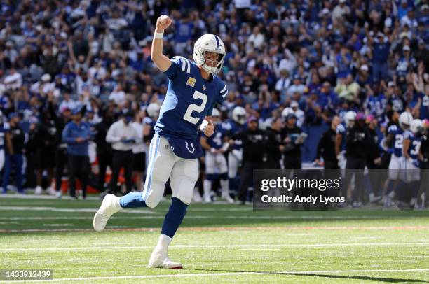 Matt Ryan of the Indianapolis Colts celebrates a touchdown against the Jacksonville Jaguars during the fourth quarter at Lucas Oil Stadium on October...