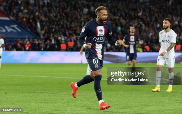 Neymar Jr of Paris Saint-Germain celebrates his first goal during the Ligue 1 match between Paris Saint-Germain and Olympique Marseille at Parc des...