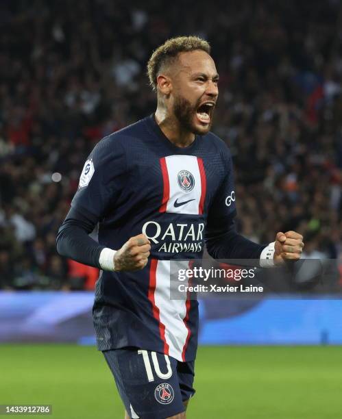 Neymar Jr of Paris Saint-Germain celebrates his first goal during the Ligue 1 match between Paris Saint-Germain and Olympique Marseille at Parc des...