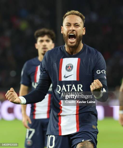 Neymar Jr of Paris Saint-Germain celebrates his first goal during the Ligue 1 match between Paris Saint-Germain and Olympique Marseille at Parc des...