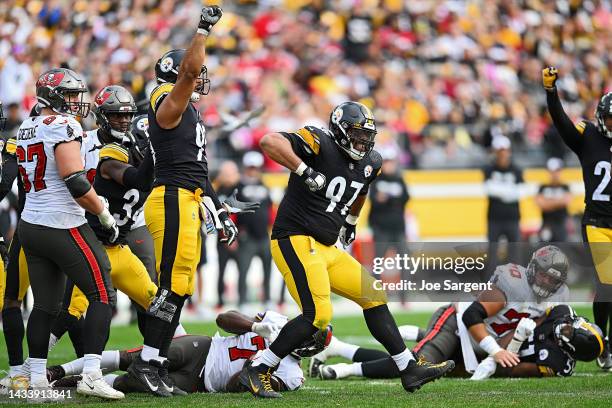 Cameron Heyward of the Pittsburgh Steelers celebrates a defensive stop during the fourth quarter against the Tampa Bay Buccaneers at Acrisure Stadium...