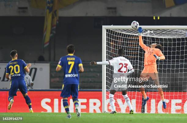 Ciprian Tatarusanu of AC Milan saves a shot from Roberto Piccoli of Hellas Verona during the Serie A match between Hellas Verona and AC MIlan at...