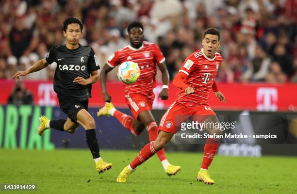 Jamal Musiala of FC Bayern Muenchen during the Bundesliga match between FC Bayern München and Sport-Club Freiburg at Allianz Arena on October 16,...
