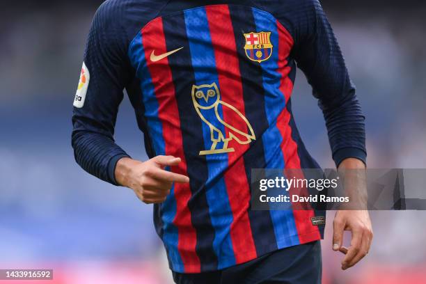 Ferran Torres of FC Barcelona looks on wearing the modified OVO owl logo on the front of the FC Barcelona shirt, which celebrates Canadian musician...