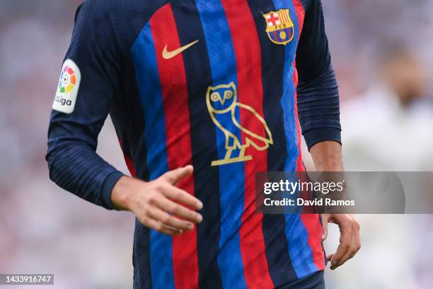 Ferran Torres of FC Barcelona looks on wearing the modified OVO owl logo on the front of the FC Barcelona shirt, which celebrates Canadian musician...