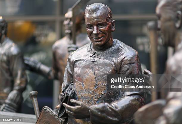 Statue of former Toronto Maple Leaf legend Johnny Bower from monument row prior to action between the Ottawa Senators and the Toronto Maple Leafs in...