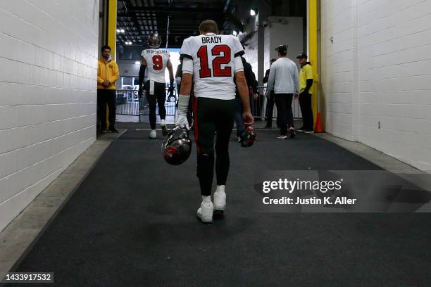 Tom Brady of the Tampa Bay Buccaneers walks to the locker room after being defeated by the Pittsburgh Steelers 20-18 at Acrisure Stadium on October...