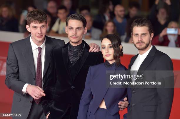 Italian actors Emanuele Di Stefano, Francesco Di Napoli, Marianna Fontana in Fendi suit, Andrea Arcangeli at Rome Film Fest 2022. Romulus II - La...