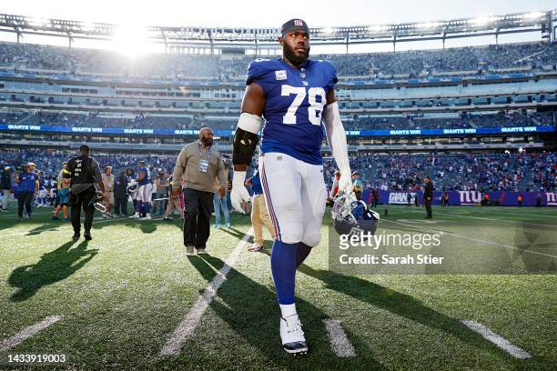 Andrew Thomas of the New York Giants reacts as he walks off the field after defeating the Baltimore Ravens 24-20 at MetLife Stadium on October 16,...