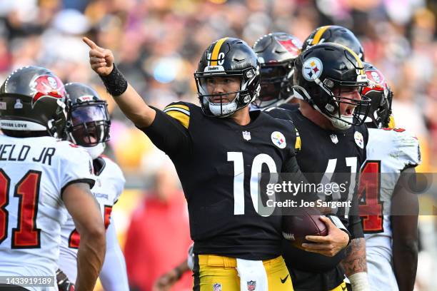 Mitch Trubisky of the Pittsburgh Steelers reacts after running the ball for a first down during the fourth quarter against the Tampa Bay Buccaneers...