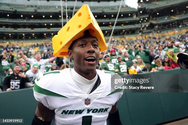 Sauce Gardner of the New York Jets looks on after the Jets beat the Green Bay Packers 27-10 at Lambeau Field on October 16, 2022 in Green Bay,...