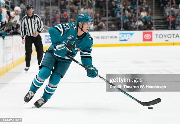 Oskar Lindblom of the San Jose Sharks skates with control of the puck against the Chicago Blackhawks during the second period of an NHL Hockey game...