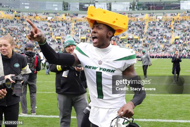 Sauce Gardner of the New York Jets celebrates after the Jets beat the Green Bay Packers 27-10 at Lambeau Field on October 16, 2022 in Green Bay,...