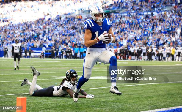 Alec Pierce of the Indianapolis Colts scores a touchdown against the Jacksonville Jaguars during the fourth quarter at Lucas Oil Stadium on October...