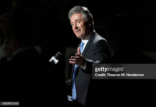 Doug Wilson hall of famer and former general manager of the San Jose Sharks speaks to the fans as the Sharks honored him prior to the game against...