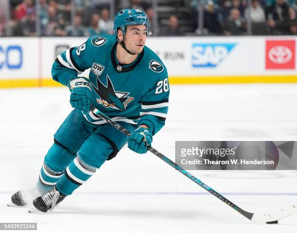 Timo Meier of the San Jose Sharks skates with control of the puck against the Chicago Blackhawks during the second period of an NHL Hockey game at...
