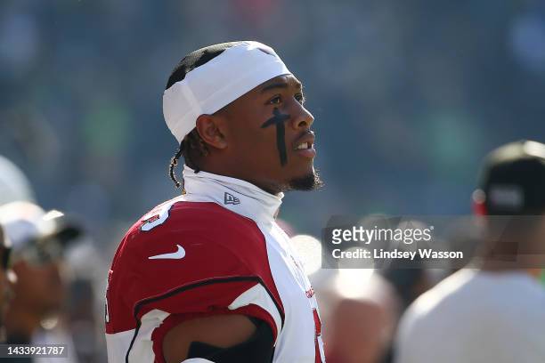 Isaiah Simmons of the Arizona Cardinals looks on against the Seattle Seahawks at Lumen Field on October 16, 2022 in Seattle, Washington.
