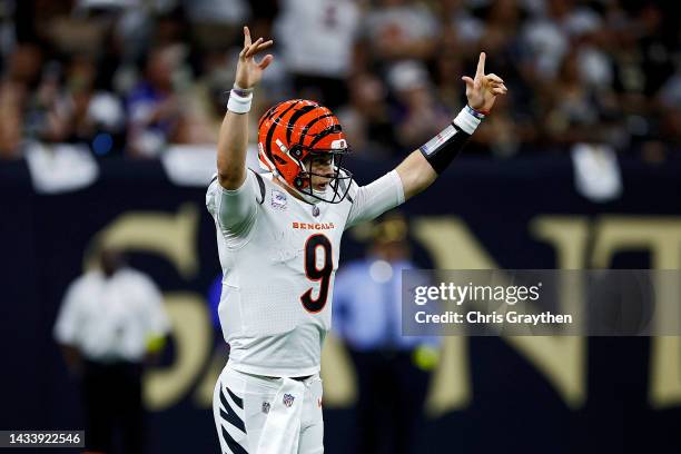 Joe Burrow of the Cincinnati Bengals celebrates after a touchdown during the second half against the New Orleans Saints at Caesars Superdome on...