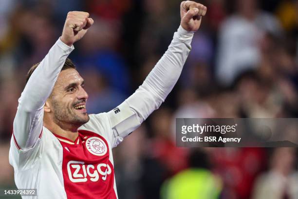 Dusan Tadic of Ajax celebrates the fifth goal during the Dutch Eredivisie match between Ajax and Excelsior Rotterdam at Johan Cruijff ArenA on...
