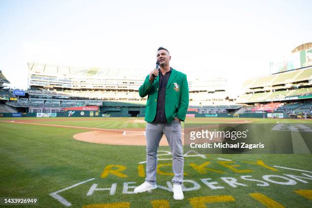 Hitting Coach Eric Chavez of the New York Mets address the crowd after receiving his Oakland Athletics' Hall of Fame jacket before the game between...