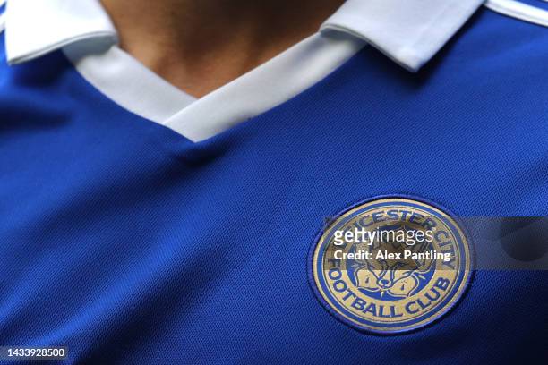 Detailed view of the Leicester City badge on a players shirt during the Premier League match between Leicester City and Crystal Palace at The King...