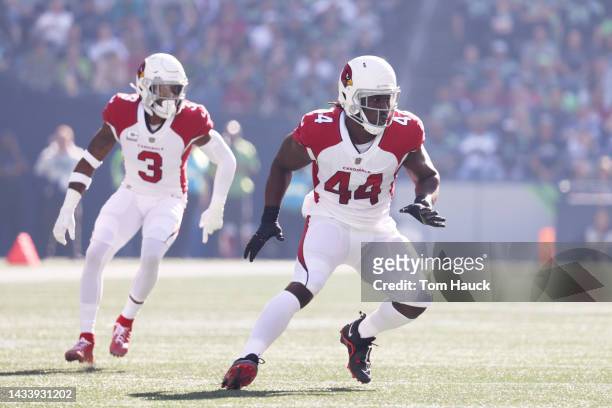 Markus Golden of the Arizona Cardinals plays against the Seattle Seahawks during the first half at Lumen Field on October 16, 2022 in Seattle,...