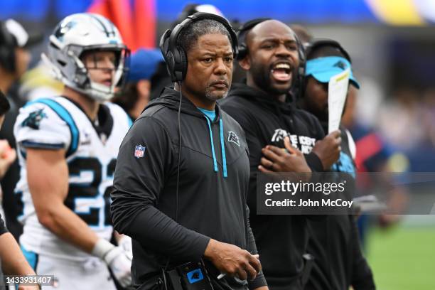 Head coach Steve Wilks of the Carolina Panthers watches his team during the first half against the Los Angeles Rams at SoFi Stadium on October 16,...