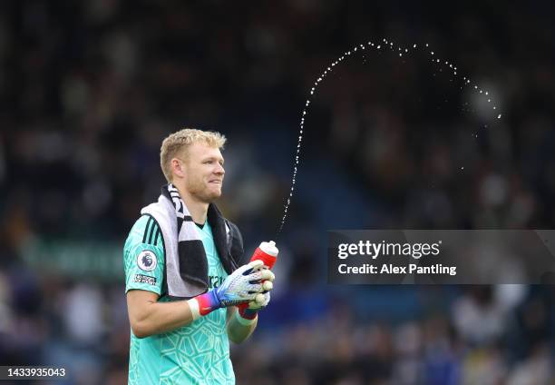 Aaron Ramsdale of Arsenal tants the home supporters during the Premier League match between Leeds United and Arsenal FC at Elland Road on October 16,...