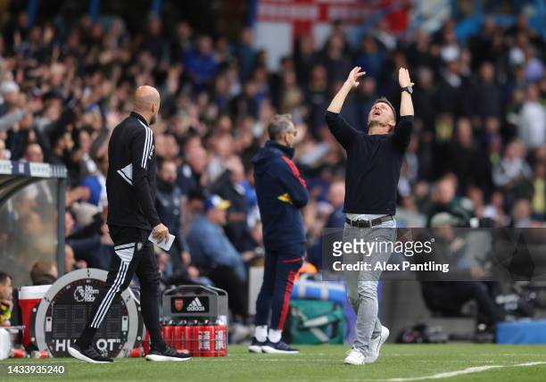Leeds United Manager Jesse Marsch reacts during the Premier League match between Leeds United and Arsenal FC at Elland Road on October 16, 2022 in...