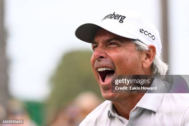 Fred Couples laughs on the 18th green after winning in the final round of the SAS Championship at Prestonwood Country Club on October 16, 2022 in...