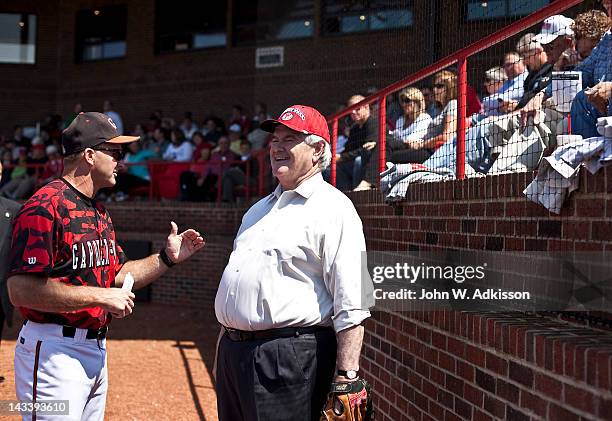 Republican presidential candidate, former Speaker of the House Newt Gingrich jokes with Gardner-Webb University baseball coach Rusty Stroupe prior to...