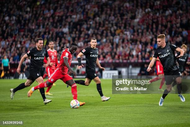 Sadio Mane of FC Bayern Muenchen kicks the ball during the Bundesliga match between FC Bayern München and Sport-Club Freiburg at Allianz Arena on...