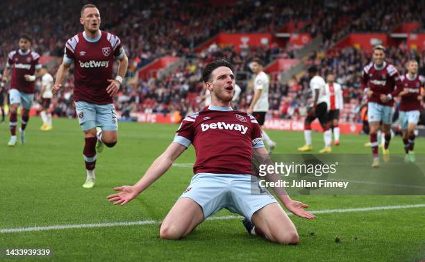 Declan Rice of West Ham United celebrates after scoring their side's first goal during the Premier League match between Southampton FC and West Ham...