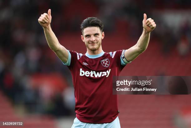 Declan Rice of West Ham United thanks the support after the Premier League match between Southampton FC and West Ham United at Friends Provident St....