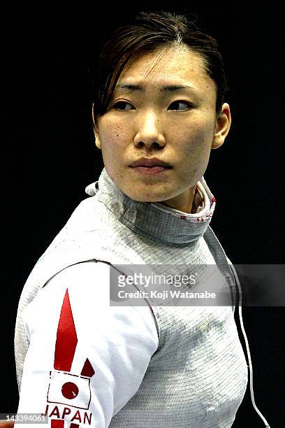 Kyomi Hirata of Japan looks on in the Women's Foil Team Tableau of final on day four of the 2012 Asian Fencing Championships at Wakayama Big Wave on...